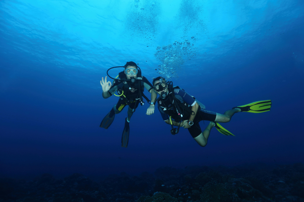Two submerged divers are looking at you. One of them is making the OK sign with his hand.